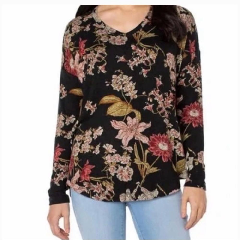 Well Worn Black Floral Top with Red and Gold Accents new with tag
